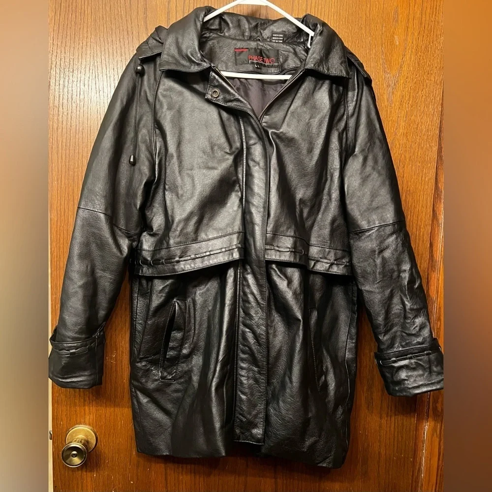Phase Two Heavy LEATHER Hooded Coat Anorak Windbreaker Men’s Large, Women’s XL
